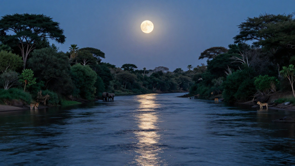 非洲赞比西河流域河流月夜景象