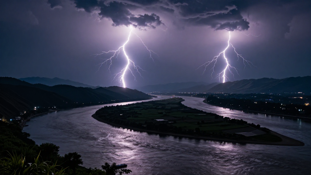 亚洲长江流域河流闪电景观