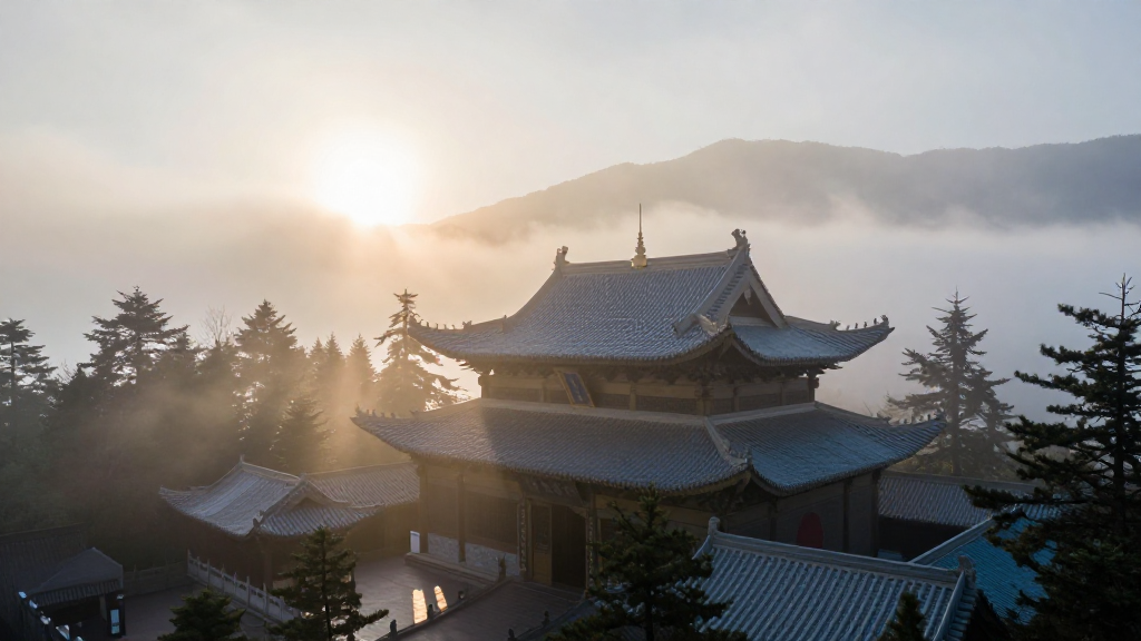 亚洲峨眉山寺庙辰时景象