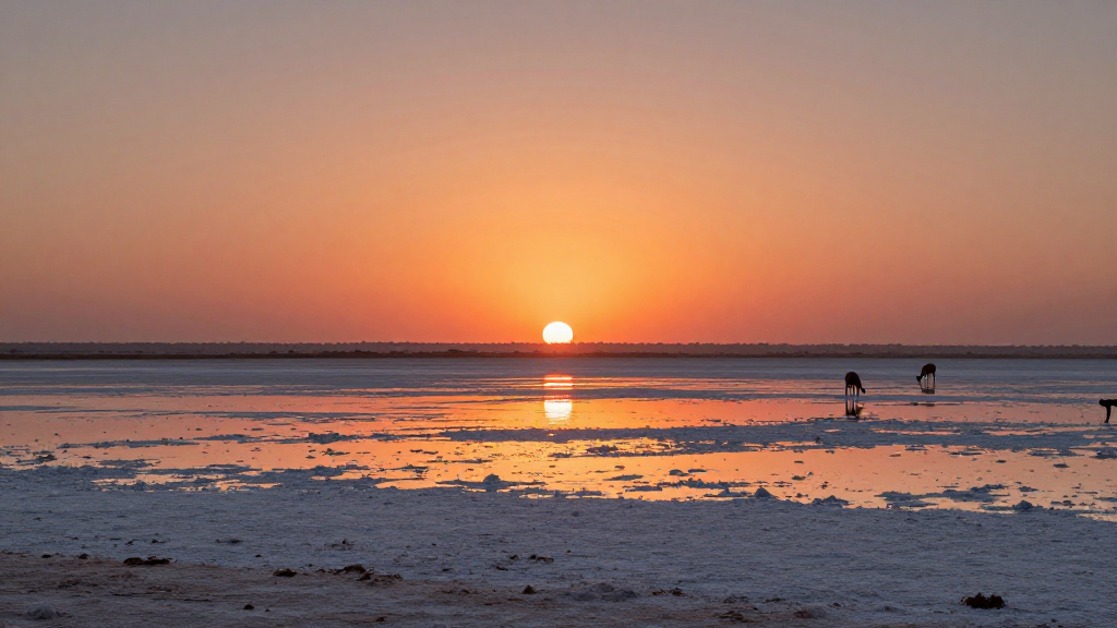 非洲卡拉哈里沙漠盐沼拂晓景象