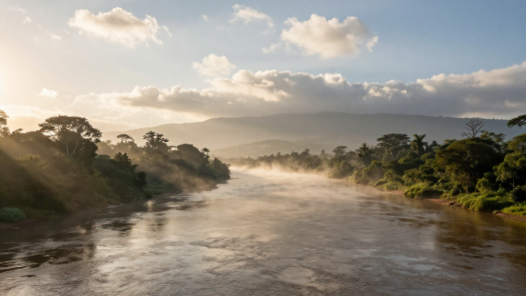 非洲赞比西河流域河流云雾缭绕景观