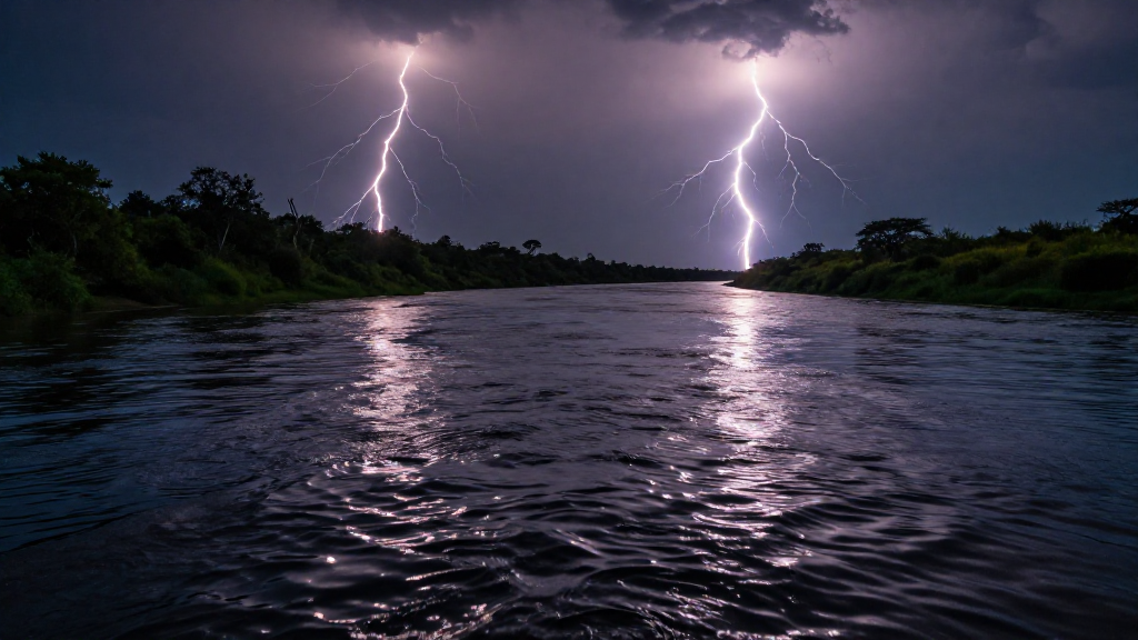 南美洲潘塔纳尔湿地河流闪电景观