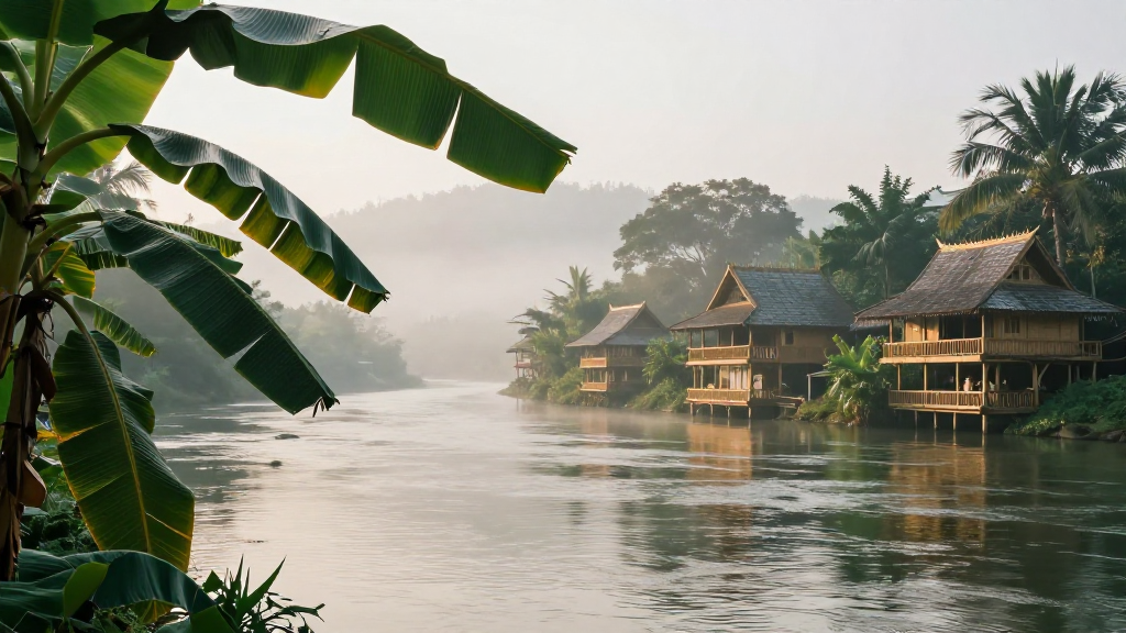 亚洲云南西双版纳河流卯时景象
