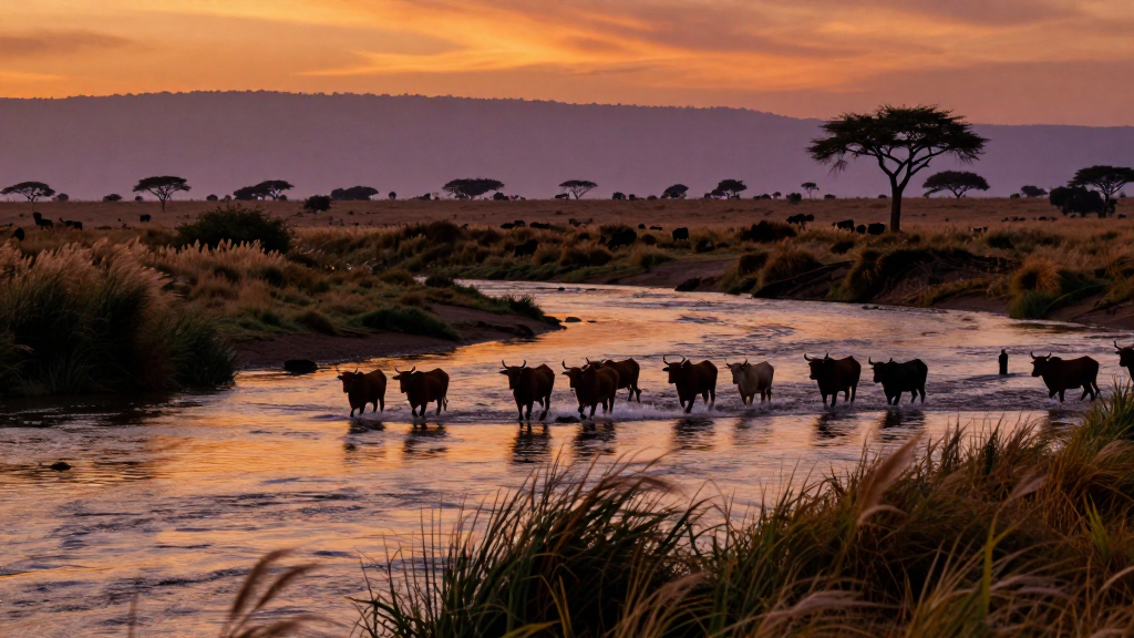 非洲塞伦盖蒂平原河流黄昏景象