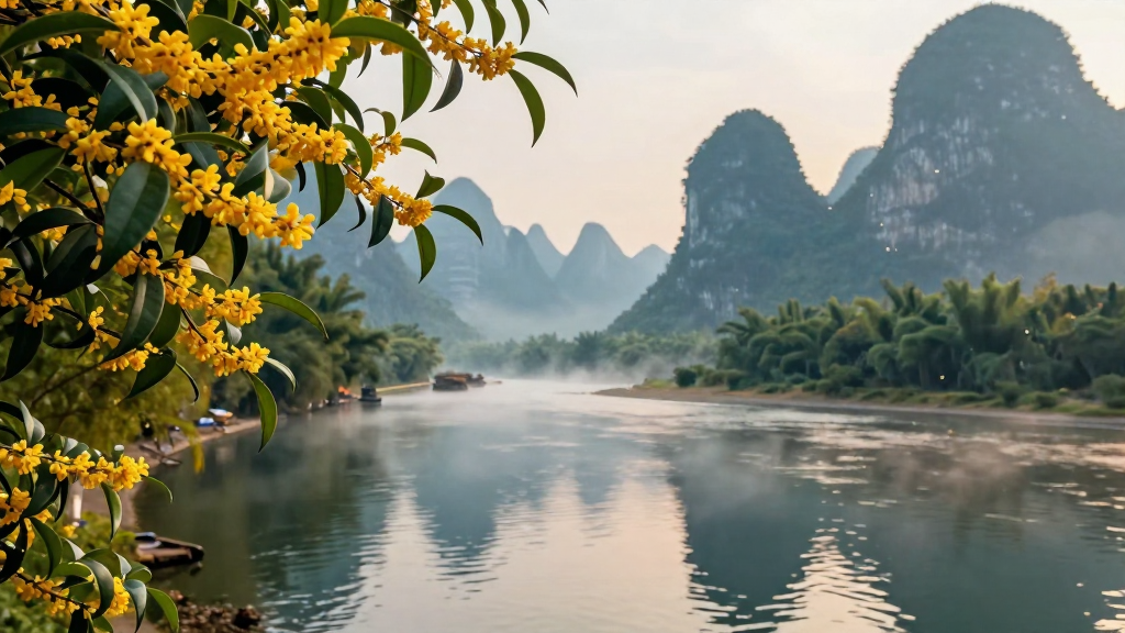 亚洲广西桂林河流喀斯特桂花