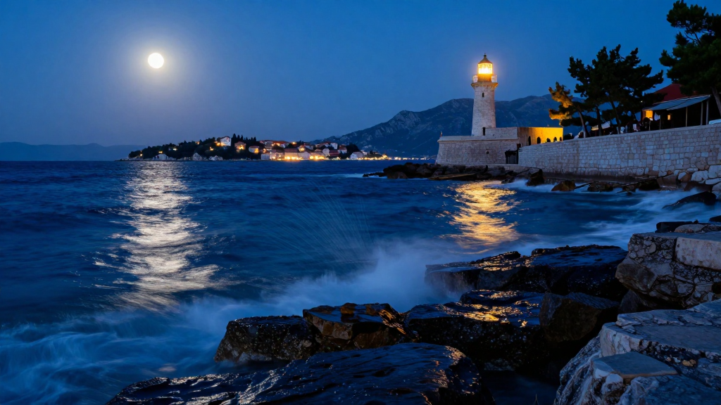 欧洲巴尔干半岛海岸月夜景象