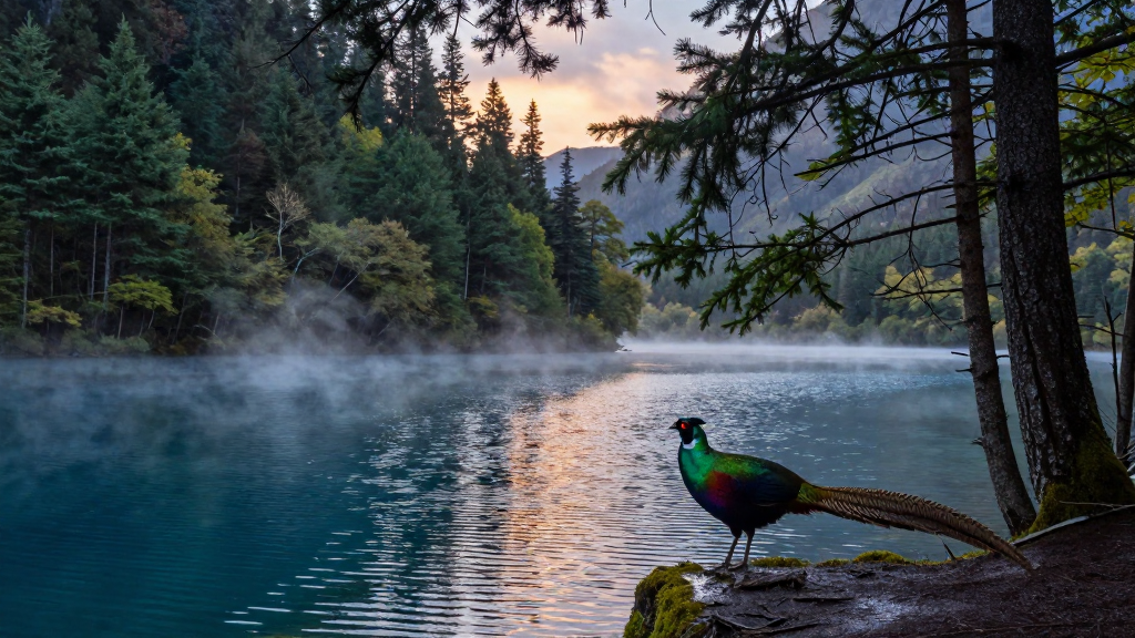 亚洲九寨沟湖泊针叶林绿尾虹雉