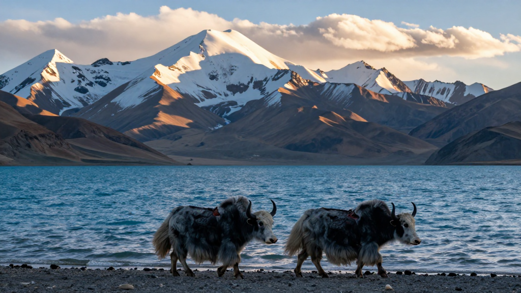 亚洲西藏阿里山脉湖泊野牦牛