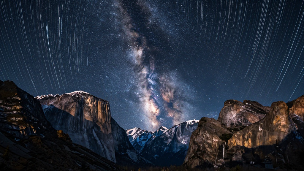 北美洲优胜美地山脉星轨摄影